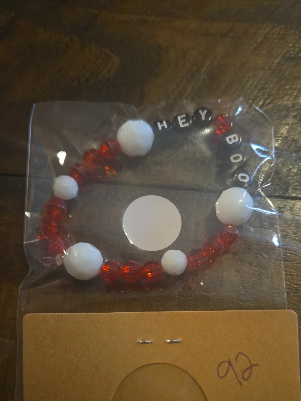 Kids 'HEY BOO' Red and White Beaded Bracelet
